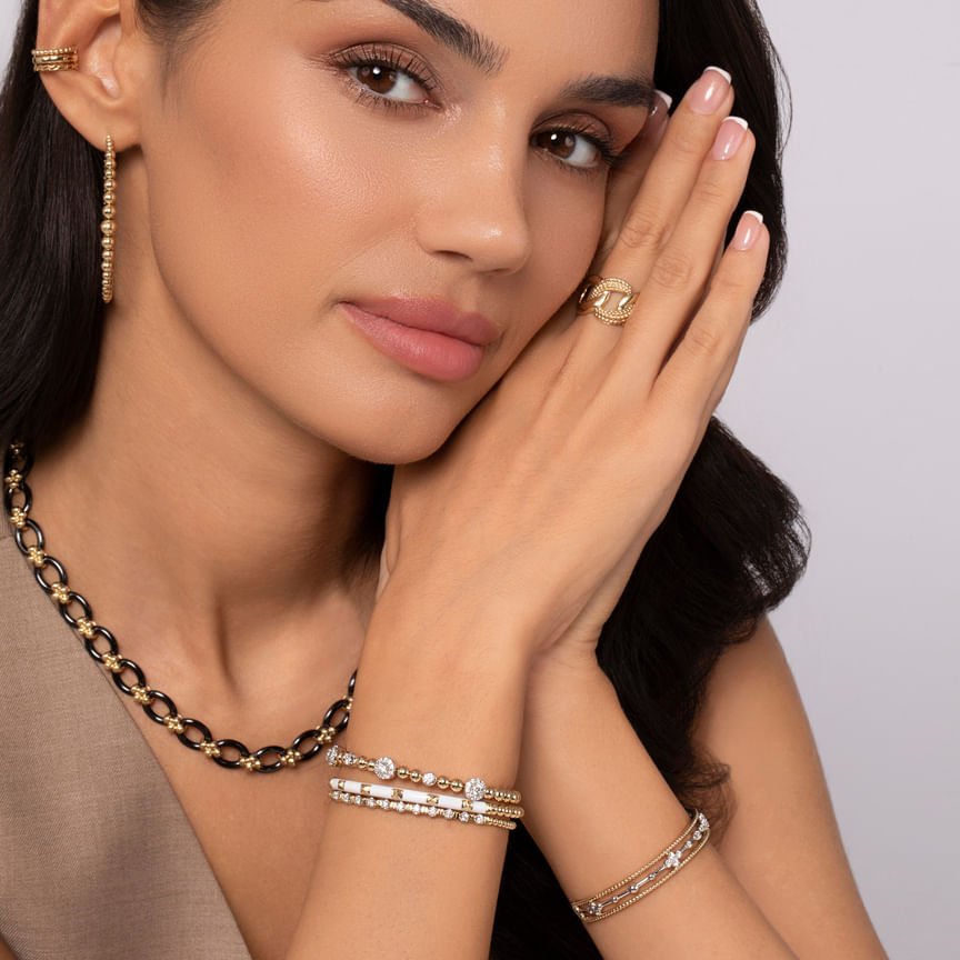 Enamel - 14K Yellow Gold Bujukan Beads and Pyramid Split Bangle with White Enamel - Everett Jewelry