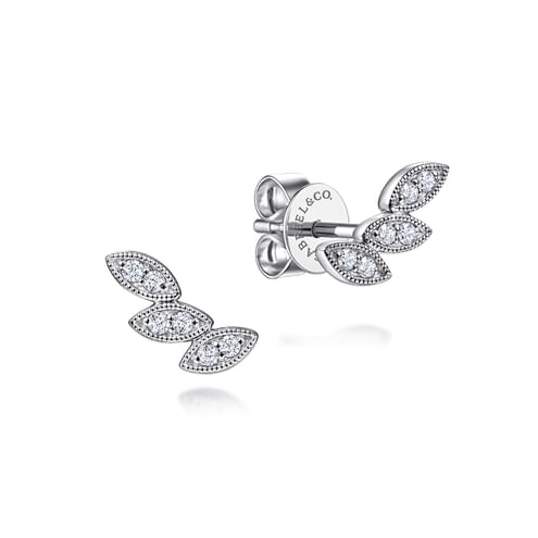 Floral - 14K White Gold Diamond Leaf Shape Stud Earrings - Everett Jewelry