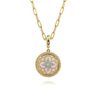 Floral - 14K Yellow Gold Bujukan Diamond and Mother of Pearl Medallion Pendant in size 18mm With Detachable Bail - Everett Jewelry