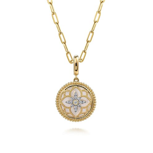 Floral - 14K Yellow Gold Bujukan Diamond and Mother of Pearl Medallion Pendant in size 18mm With Detachable Bail - Everett Jewelry