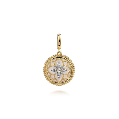 Floral - 14K Yellow Gold Bujukan Diamond and Mother of Pearl Medallion Pendant in size 18mm With Detachable Bail - Everett Jewelry