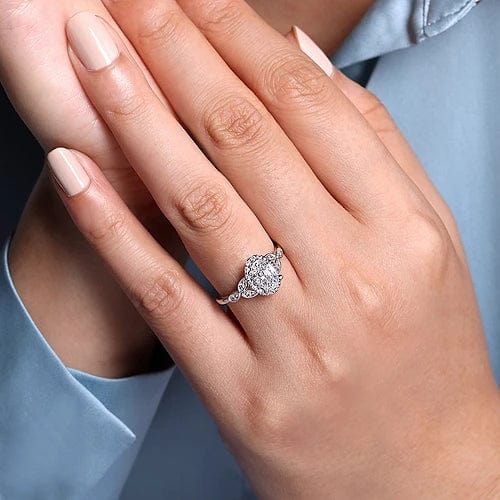 Katriane - Vintage Inspired 14K White Gold Oval Halo Diamond Engagement Ring - Everett Jewelry