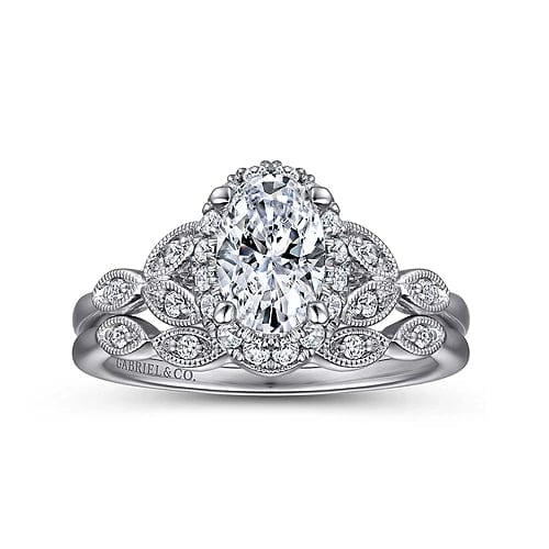 Katriane - Vintage Inspired 14K White Gold Oval Halo Diamond Engagement Ring - Everett Jewelry