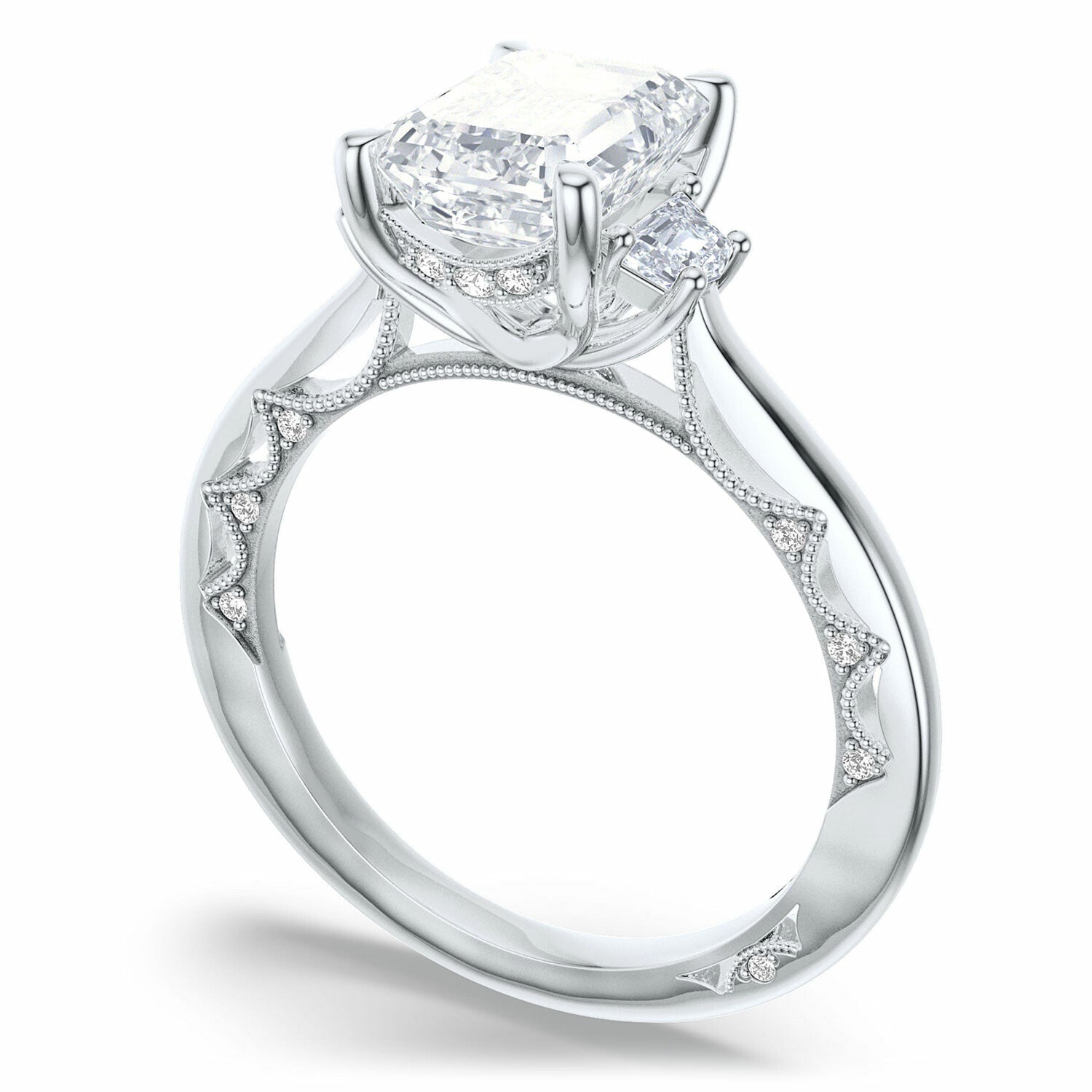 Lunetta Crescent | Emerald 3 - Stone Engagement Ring - Everett Jewelry