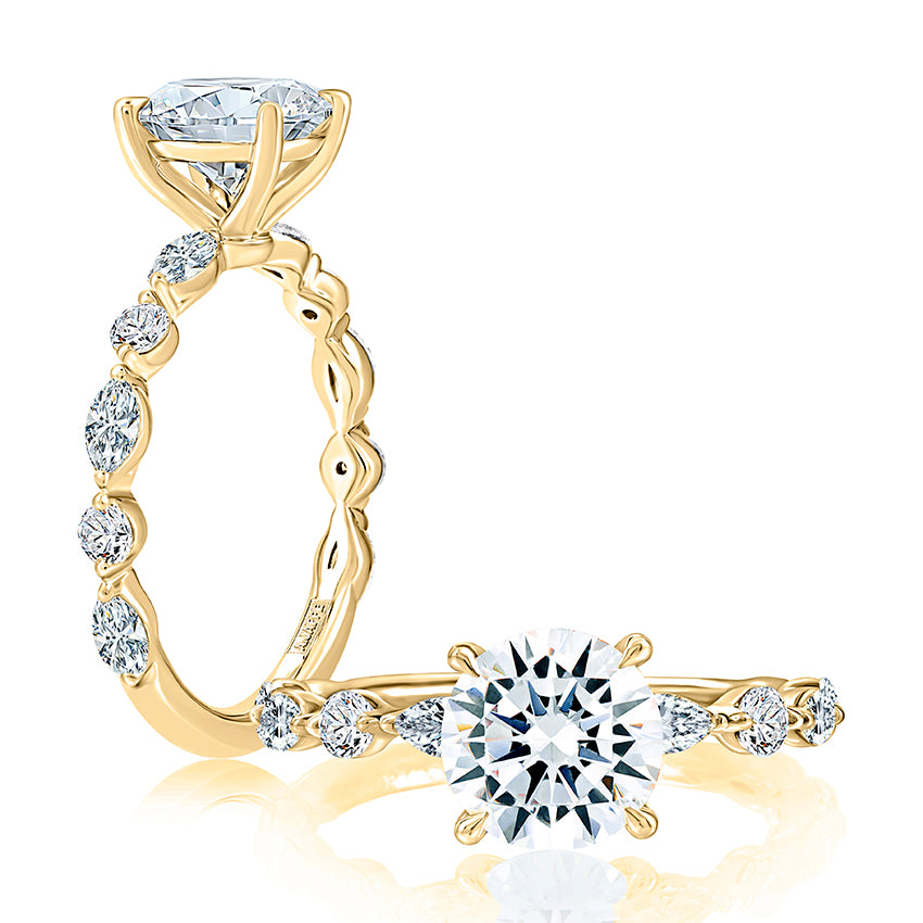 Classic Round Center Stone Diamond Engagement Ring with Alternating Shape Stones Band