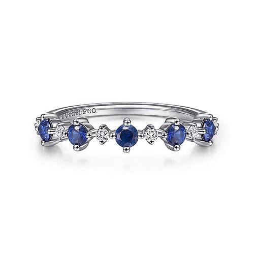 14K White Gold Alternating Round Diamond and Sapphire Ring - Everett Jewelry