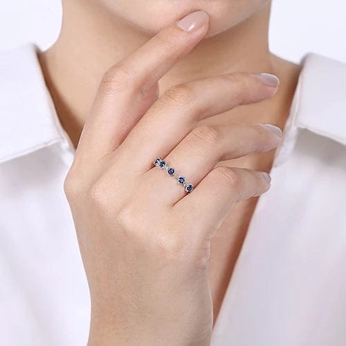 14K White Gold Alternating Round Diamond and Sapphire Ring - Everett Jewelry