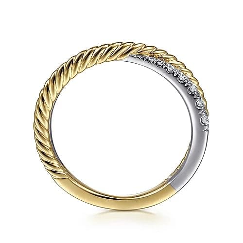 14K White - Yellow Gold Criss Cross Diamond Anniversary Band with Twisted Rope Detail - 0.25 ct - Everett Jewelry