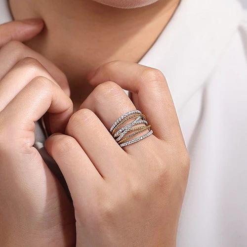 14K White - Yellow Gold Twisted Rope and Diamond Multi Row Ring - Everett Jewelry