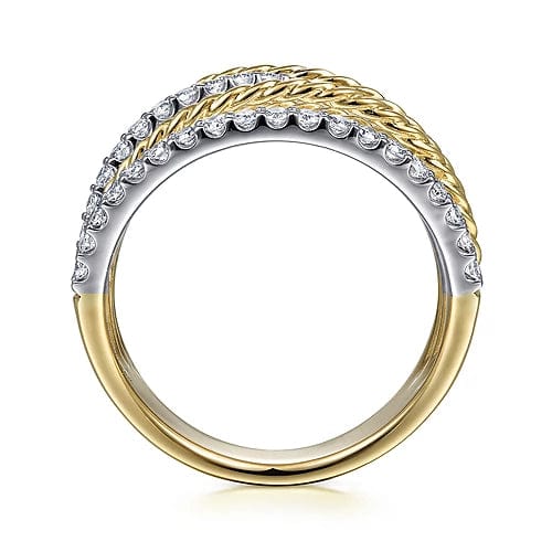 14K White - Yellow Gold Twisted Rope and Diamond Multi Row Ring - Everett Jewelry
