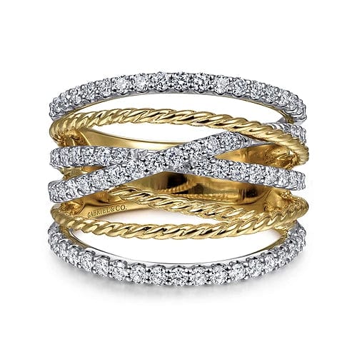 14K White - Yellow Gold Twisted Rope and Diamond Multi Row Ring - Everett Jewelry