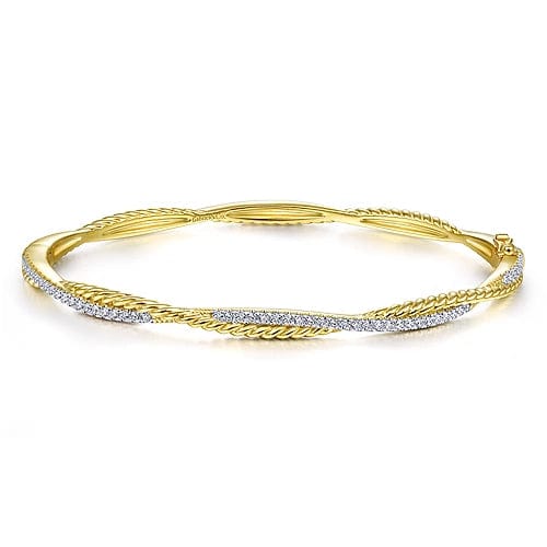 14K Yellow Gold Twisted Rope and Diamond Bangle - Everett Jewelry