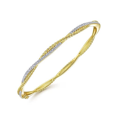 14K Yellow Gold Twisted Rope and Diamond Bangle - Everett Jewelry
