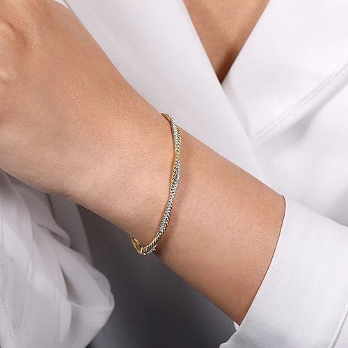 14K Yellow Gold Twisted Rope and Diamond Bangle - Everett Jewelry