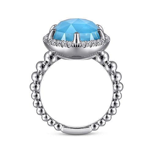 925 Sterling Silver Oval Rock Crystal and Turquoise Signet Ring with White Sapphire Halo - Everett Jewelry