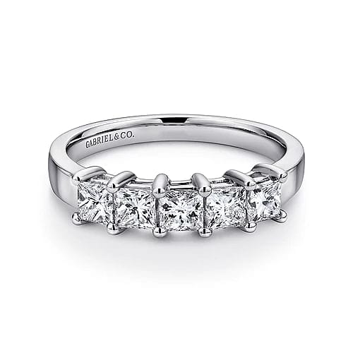 Catalonia - 14K White Gold Princess Cut 5 Stone Prong Set Diamond Wedding Band - 1.39 ct - Everett Jewelry