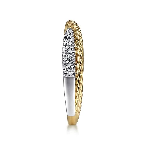 Gabriel Bridal Ladies Wedding Band 14K White-Yellow Gold Criss Cross Diamond Anniversary Band with Twisted Rope Detail - 0.25 ct