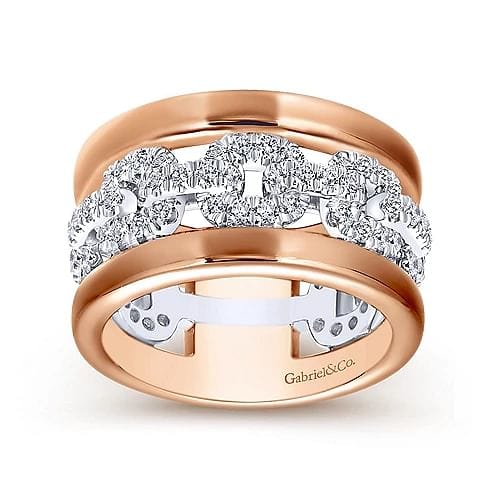 Gabriel Bridal Ladies Wedding Band Wide 14K White and Rose Gold Fancy Diamond Anniversary Band - 1.07 ct