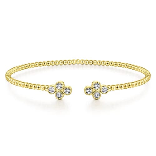 Gabriel Fashion Bracelet 14K Yellow Gold Bujukan Bead Split Cuff Bracelet with Quatrefoil Diamond Endcaps