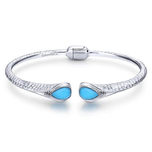 Gabriel Fashion Bracelet 925 Sterling Silver Rock Crystal and Turquoise Hinged Cuff