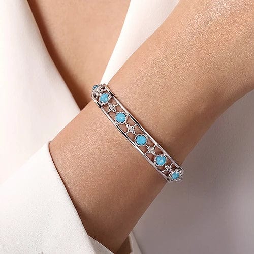 Gabriel Fashion Bracelet 925 Sterling Silver Rock Crystal and Turquoise Station Cuff