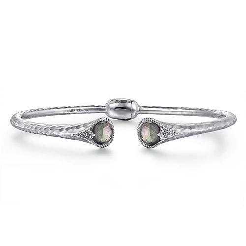 Gabriel Fashion Bracelet Hammered 925 Sterling Silver Rock Crystal and Black Pearl Hinged Cuff