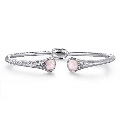 Gabriel Fashion Bracelet Hammered 925 Sterling Silver Rock Crystal and Pink Mother of Pearl Hinged Cuff