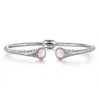 Gabriel Fashion Bracelet Hammered 925 Sterling Silver Rock Crystal and Pink Mother of Pearl Hinged Cuff
