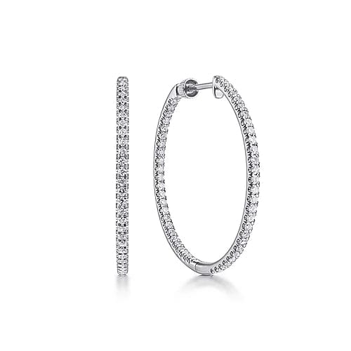 Gabriel Fashion Earrings 14K White Gold French Pave 30mm Round Inside Out Diamond Hoop Earrings