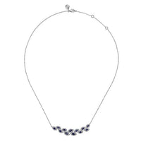 Gabriel Fashion Necklaces and Pendants 14K White Gold Diamond and Blue Sapphire Floral Bar Necklace