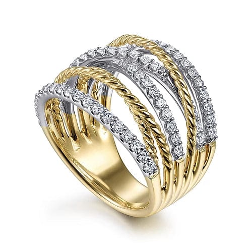 Gabriel Fashion Necklaces and Pendants 14K White-Yellow Gold Twisted Rope and Diamond Multi Row Ring