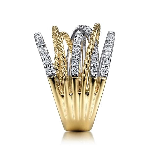 Gabriel Fashion Necklaces and Pendants 14K White-Yellow Gold Twisted Rope and Diamond Multi Row Ring