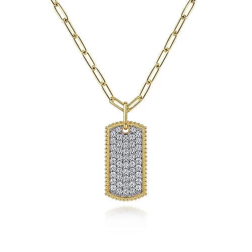 Gabriel Fashion Necklaces and Pendants 14K Yellow Gold Diamond Pave' Dog Tag Pendant Hollow Chain Necklace