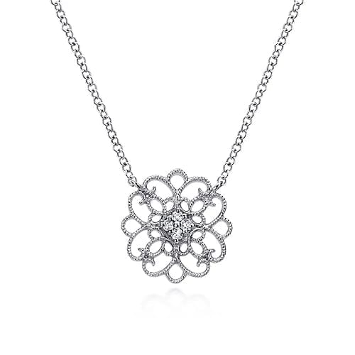 Gabriel Fashion Necklaces and Pendants 925 Sterling Silver Round Filigree White Sapphire Pendant Necklace