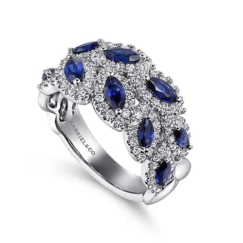 Gabriel Fashion Rings 14K White Gold Diamond and Blue Sapphire Marquise Ring