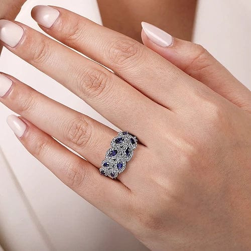 14k White Gold Blue & White Diamond Ladies Fashion Ring - The