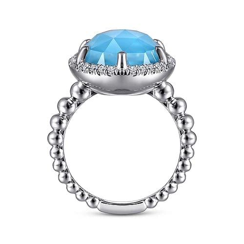 Gabriel Fashion Rings 925 Sterling Silver Oval Rock Crystal and Turquoise Signet Ring with White Sapphire Halo