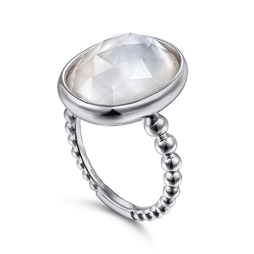 Gabriel Fashion Rings 925 Sterling Silver Rock Crystal and White Mother of Pearl Oval Signet Ring