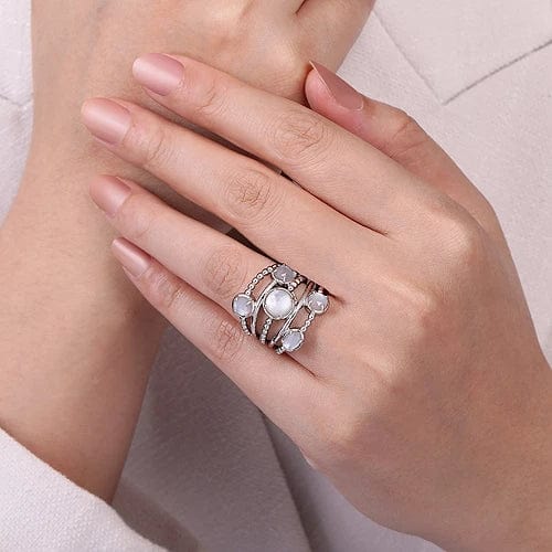 Gabriel Fashion Rings 925 Sterling Silver Rock Crystal and White Mother of Pearl Statement Bubble Ring