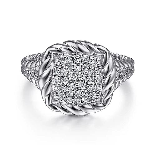 Gabriel Fashion Rings 925 Sterling Silver White Sapphire Pave Signet Ring with Rope Frame