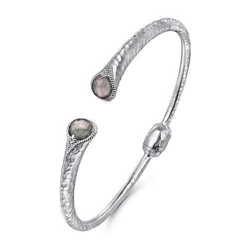 Hammered 925 Sterling Silver Rock Crystal and Black Pearl Hinged Cuff - Everett Jewelry