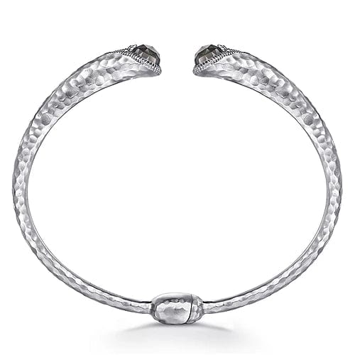 Hammered 925 Sterling Silver Rock Crystal and Black Pearl Hinged Cuff - Everett Jewelry