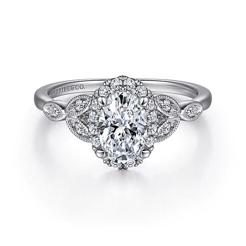 Katriane - Vintage Inspired 14K White Gold Oval Halo Diamond Engagement Ring - Everett Jewelry