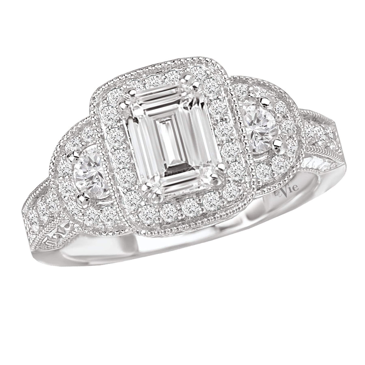 14kt Emerald Three Stone Halo ENGAGEMENT RINGS La Vie [Everett Jewelry Shreveport Louisiana]
