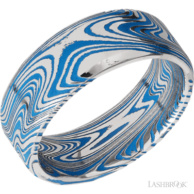 Lashbrook Designs Men's Band Marble Damascus beveled band featuring blue cerakote accents